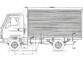 Esquema dimensional do novo caminhão Agrale 1600D; o centro de gravidade se alterava em função do rodado traseiro: x= 1060 ou 1300 mm e y= 930 ou 820 mm, respectivamente para rodado simples e duplo (fonte: João Luiz Knihs).