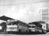 À frente, Carbrasa com mecânica Chevrolet da Viação Campos Gerais em ponto de parada na praça Barão do Rio Branco, na zona central de Ponta Grossa (PR); a foto é de 1963 (fonte: portal classicalbuses).