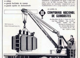 A CNG também produzia guindastes embarcados; note no rodapé do anúncio (de janeiro de 1968) os quatro modelos então fabricados pela empresa, inclusive a nova empilhadeira.