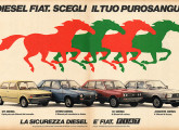 Propaganda da Fiat italiana, de agosto de 1982, divulgando sua linha de automóveis diesel; à esquerda, o brasileiro 147 Europa equipado com motor diesel, lá vendido como 127 D.