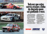 Publicidade Fiat de março de 1984 explorando o desempenho esportivo de três das marcas do Grupo italiano, colocando lado a lado o nacional Europa, um superesportivo Lancia e o monoposto Ferrari de Fórmula I.