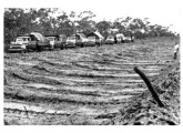 Cena da "expedição" Ford, de São Paulo a Rondônia, em 1960; a imagem mostra os sete veículos estacionados à margem da "estrada", entre Juruena e Barracão Queimado (MT), para pernoite nas próprias viaturas (fonte: site gentedeopiniao).