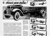 Chassis para ônibus Ford para 1941: a linha era composta de cinco versões com motor dianteiro (entre-eixos entre 112 e 194", ou 2,9 a 5,0 m) e uma com motor traseiro (não ilustrada no anúncio).