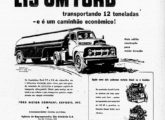 Caminão pesado Ford (na imagem um cavalo-mecânico F-8) em publicidade de jornal de março de 1952.