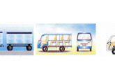 Três diferentes versões do Baby II: baú com reboque, transporte de passageiros e coleta seletiva de lixo.