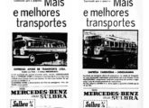 Dois anúncios de concessionária gaúcha da Mercedes-Benz, publicados em jornal em 1959, ilustrados por ônibus encarroçados pela Hennemann.