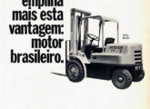 Peça publicitária de novembro de 1970 divulgando a nova família de empilhadeiras Hyster com motor nacional.