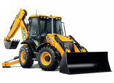 Retroescavadeira JCB 4CX, com tração e direção nas quatro rodas.