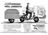 Publicidade em jornal de setembro de 1957 anunciando reboques de carga para Lambretta, com duas rodas e em três modelos; note que, para uso comercial, o fabricante propunha a motoneta na versão sem carenagens laterais.