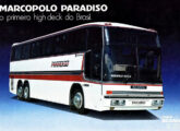 Primeiro high-deck brasileiro, o Paradiso é de 1984; na foto, o modelo montado sobre chassi Scania K 112 em reprodução de folheto de divulgação da Marcopolo (fonte: Jorge A. Ferreira Jr.).