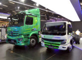 eActros e eCanter - os dois modelos elétricos importados mostrados na Fenatran e que serão submetidos a testes operacionais a partir de 2025 (foto: LEXICAR).