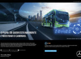 Um ônibus com chassi elétrico Mercedes-Benz ilustra esta propaganda institucional de junho de 2025, que lembra que a empresa "é líder em ônibus desde que chegou ao Brasil, em 1956".