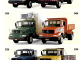Seis modelos médios ilustrando a contracapa do folder de lançamento da nova geração de caminhões Mercedes-Benz, em 1989 (fonte: João Luiz Knihs).