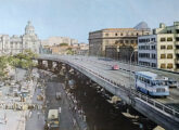 Cartão postal do extinto Elevado da Perimetral, no Centro do Rio de Janeiro (RJ), mostrando dois Metropolitana em chassi Mercedes-Benz LP - à direita um da extinta Empresa de Lotação Cascadura (fonte: Ivonaldo Holanda de Almeida).