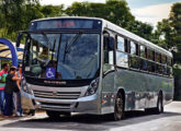 Ônibus com carroceria Mega ilustrando folheto publicitário de 2014 para os chassis urbanos Scania.