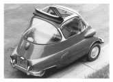 A singularidade conceitual-estilística do Romi-Isetta fica mais evidente nesta foto ¾ superior-traseira; a fotografia é de um modelo 1957, evidenciado pelas lanternas sobre os faróis.    