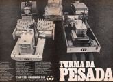 Alguns equipamentos fabricados pela Tema Terra em anúncio de 1970 (do alto, à esquerda, em sentido horário): rolo de três tambores TT-10-14, varredeira American Hoist, rolo tandem TT-59, compactador de pneus SP-10000 e pé-de-carneiro duplo SP-255.