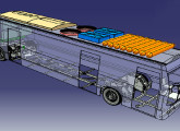 Esquema construtivo do ônibus a célula de combustível; por falta de espaço sob o chassi, os cilindros de hidrogênio foram instalados sobre o teto; com capacidade de 210 litros, garantem autonomia de 350 km.    