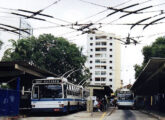 Três trólebus Caio-Villares embarcam passageiros no Terminal Carlos Gomes, em Ribeirão Preto (foto: Jorge Françoso de Moraes; fonte: Ivonaldo Holanda de Almeida / trolebusbrasileiros).