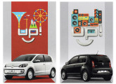 Cartões postais de divulgação do up!, automóvel radicalmente novo lançado pela VW em 2014; as imagens mostram as versões white up! e black up!.      