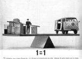 Com capacidade de carga equivalente a seu peso, a Kombi transportava, proporcionalmente, o dobro das picapes e furgões da concorrência; é o que mostrava esta publicidade de abril de 1962.
