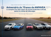 Tiguan, Nivus, Tera, T-Cross e Taos comemoram o 70o aniversário da Anfavea em publicidade de maio de 2026.