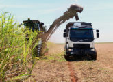 Caminhão autônomo Volvo operando na coleta de cana-de-açúcar.