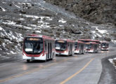 Parte dos 120 ônibus Marcopolo-Volvo vendidos em 2019 para Santiago cruzam os Andes em direção ao Chile.