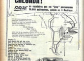 Propaganda comemorativa do feito dos escoteiros brasileiros publicada pelos patrocinadores da aventura em maio de 1956; note o erro crasso na peça: o Jeep nela mostrado é do então recém-lançado Universal, e não do modelo utilizado na viagem.