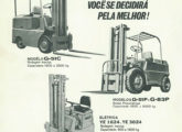 Propaganda divulgando as quatro famílias de empilhadeiras nacionais da Yale, já incluindo as novas elétricas YE, lançadas no início de 1970.