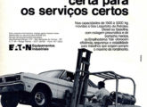 Reeditando propaganda de 1969, esta peça de março de 1974 volta a utilizar a fábrica da Chrysler como tema, agora no transporte de automóveis Dodge.