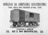 Vagão ferroviário em anúncio (de 1883) da Companhia Constructora; note que, ao reproduzir anúncio anterior da Röhe, inadvertidamente a empresa manteve o nome do antigo fabricante na lateral do veículo.