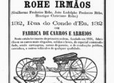 Outra publicidade de 1872; abaixo, um trole de quatro rodas, veículo leve próprio "para as fazendas do interior".