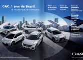 Publicidade de julho de 2026 mostrando cinco dos seis modelos GAC então importados e registrando: "produção nacional confirmada em 2027".